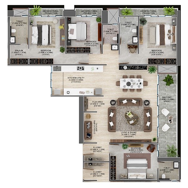 4 BHK 1932 Sq. Ft. Apartment