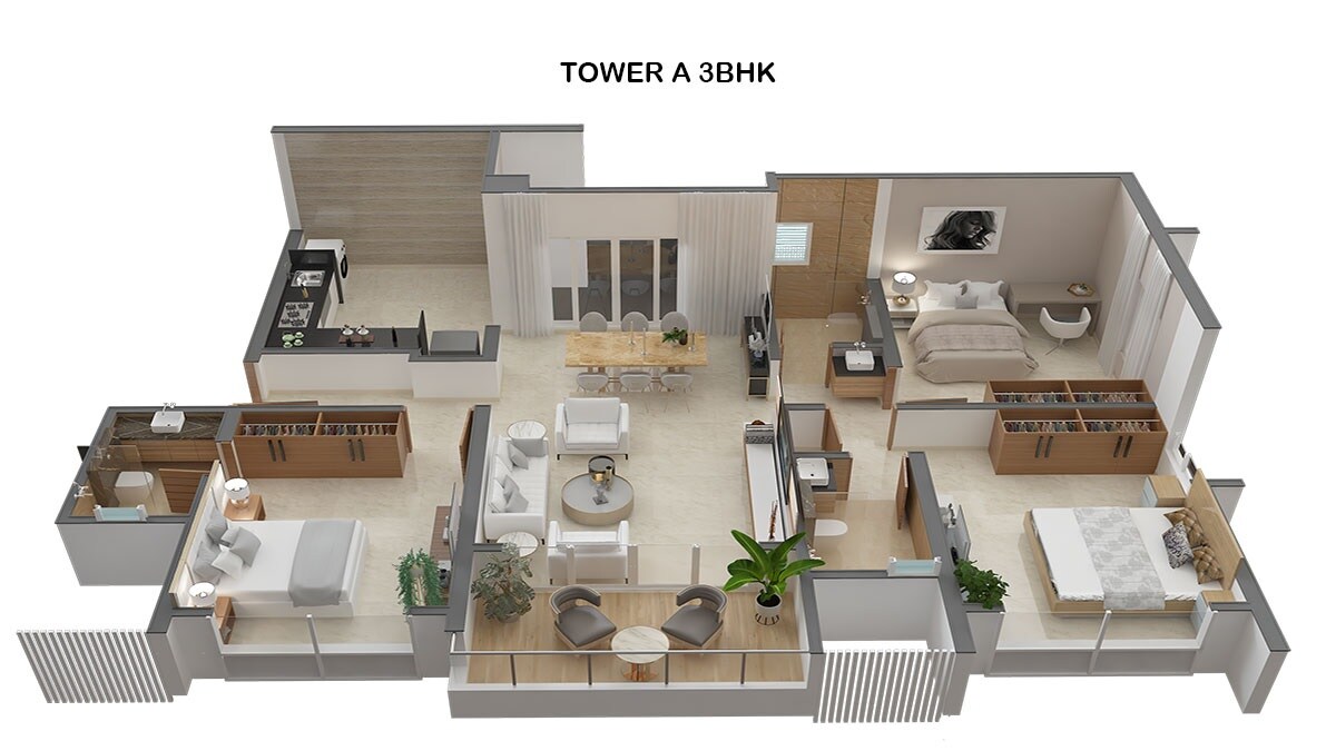Floor plan of 3 BHK 1141 Sq. Ft. Apartment in Majestique The Ornate, Pune