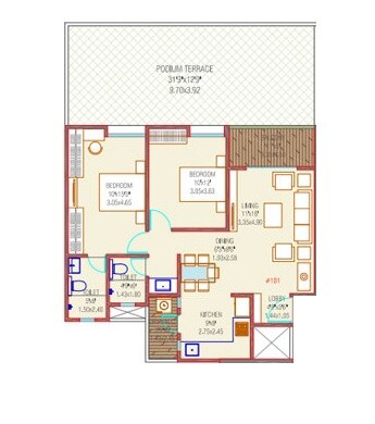 Floor plan of 2 BHK 721 Sq. Ft. Apartment in Majestique Towers, Pune