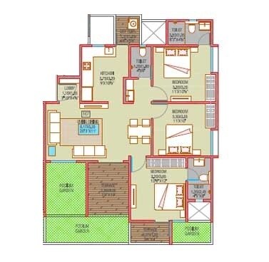 Floor plan of 3 BHK 1041 Sq. Ft. Apartment in Majestique Towers, Pune