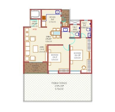 Floor plan of 2 BHK 527 Sq. Ft. Apartment in Majestique Towers East Phase 2, Pune