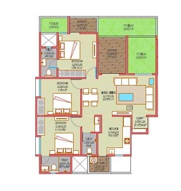 Floor plan of 3 BHK 715 Sq. Ft. Apartment in Majestique Towers East Phase 2, Pune