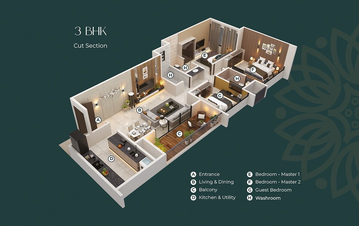 Floor plan of 3 BHK 1163 Sq. Ft. Apartment in Majestique Vriddhi, Pune