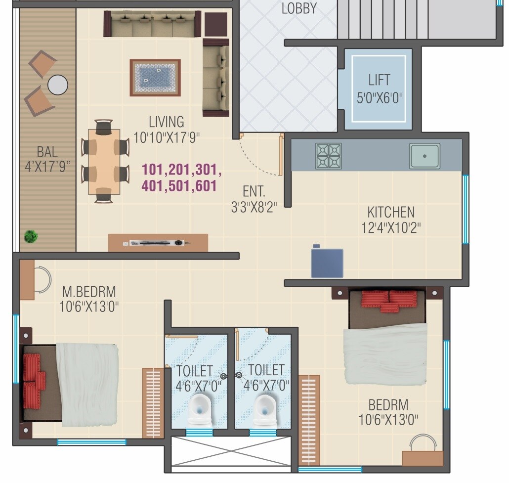Floor plan of 2 BHK 807 Sq. Ft. Apartment in Mak Satvik Villa, Pune