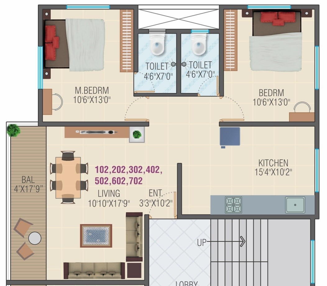 Floor plan of 2 BHK 833 Sq. Ft. Apartment in Mak Satvik Villa, Pune