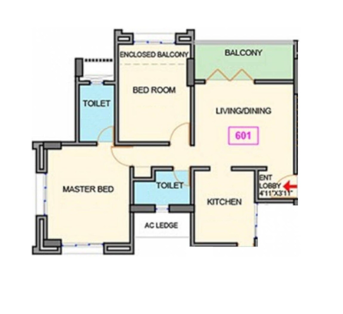 Floor plan of 2 BHK 665 Sq. Ft. Apartment in Makwana Ishanand, Pune