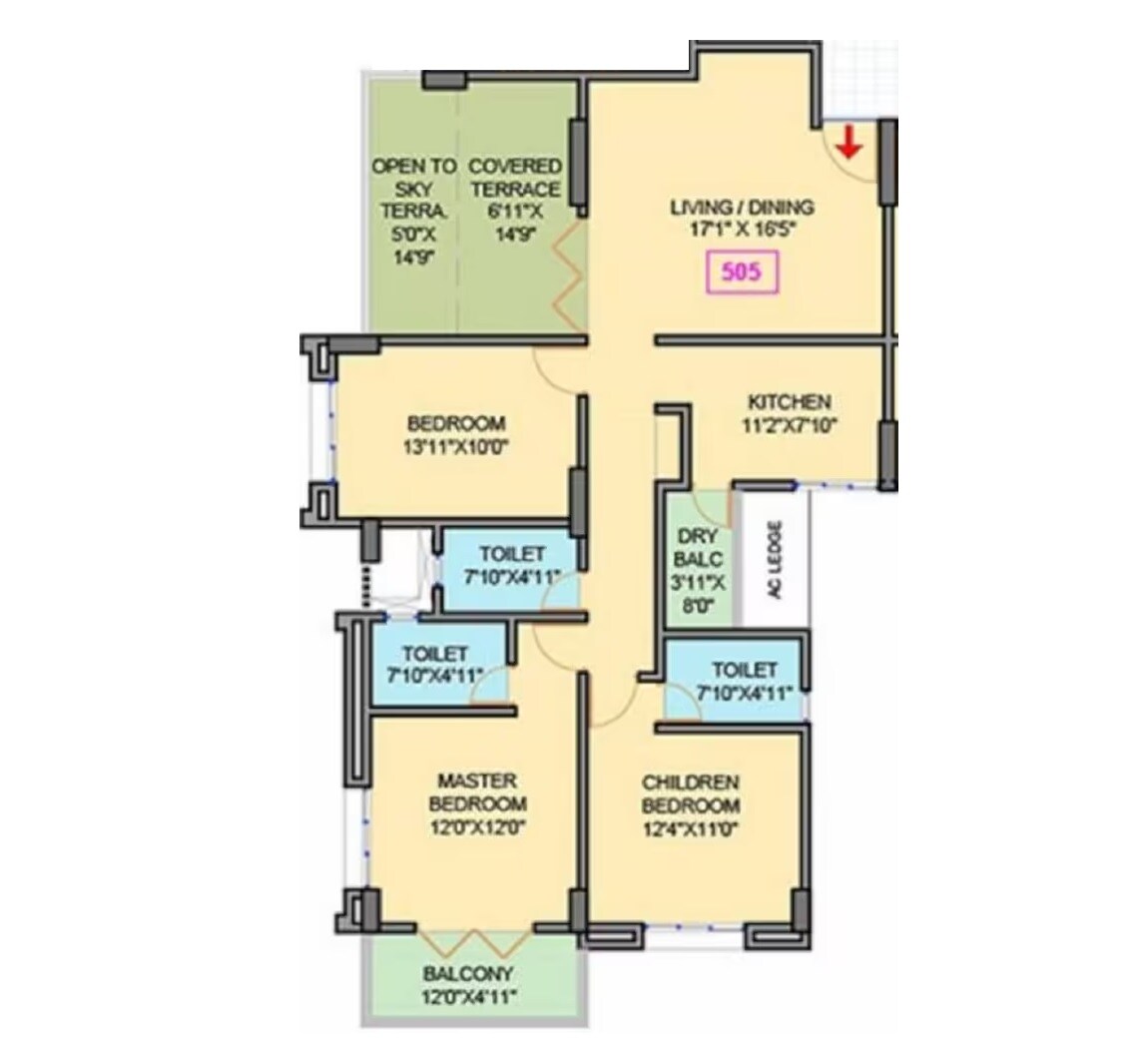 Floor plan of 3 BHK 1117 Sq. Ft. Apartment in Makwana Ishanand, Pune