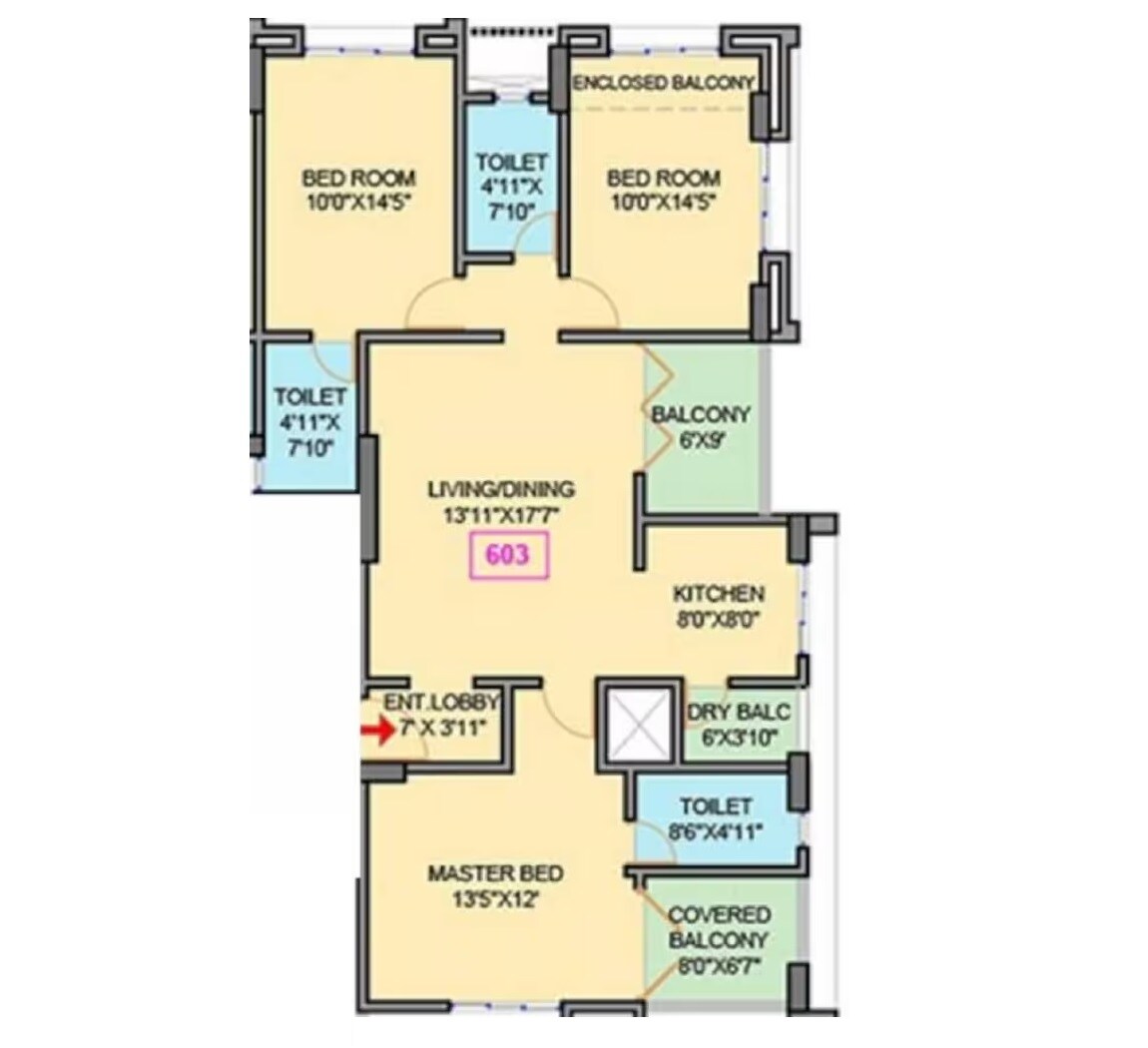 Floor plan of 3 BHK 991 Sq. Ft. Apartment in Makwana Ishanand, Pune