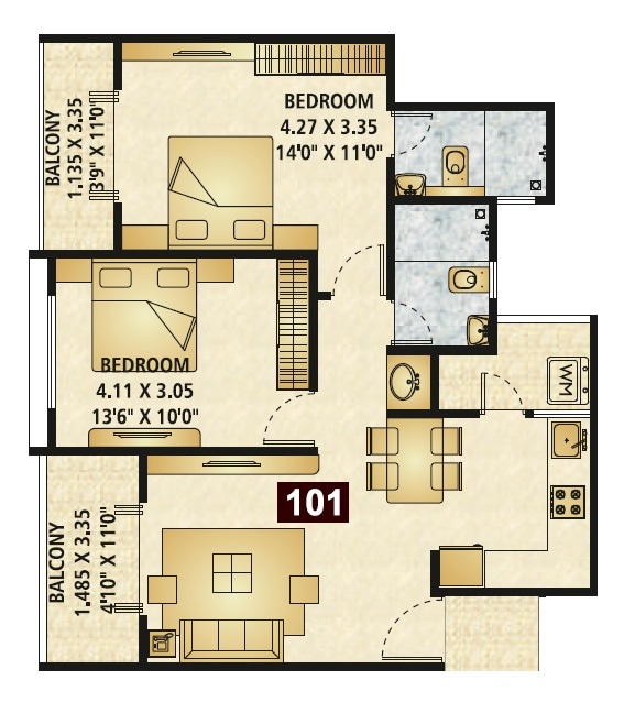 Floor plan of 2 BHK 825 Sq. Ft. Apartment in Makwana Vrindanand Bliss, Pune