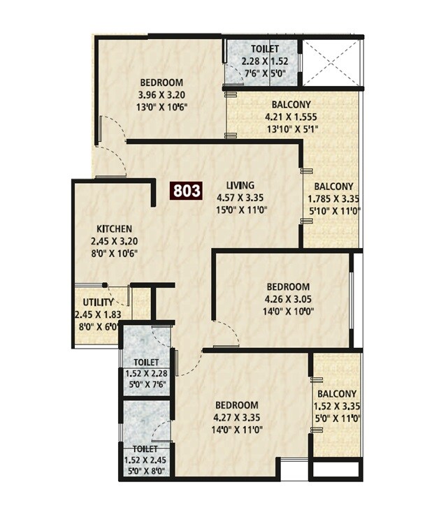 Floor plan of 3 BHK 1192 Sq. Ft. Apartment in Makwana Vrindanand Bliss, Pune