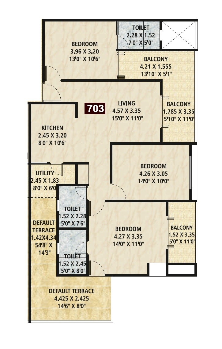 Floor plan of 3 BHK 1293 Sq. Ft. Apartment in Makwana Vrindanand Bliss, Pune
