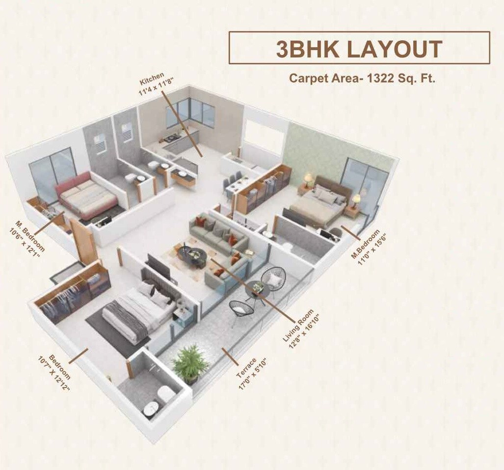 Floor plan of 3 BHK 1322 Sq. Ft. Apartment in Makwana Vrindanand Parshwa, Pune