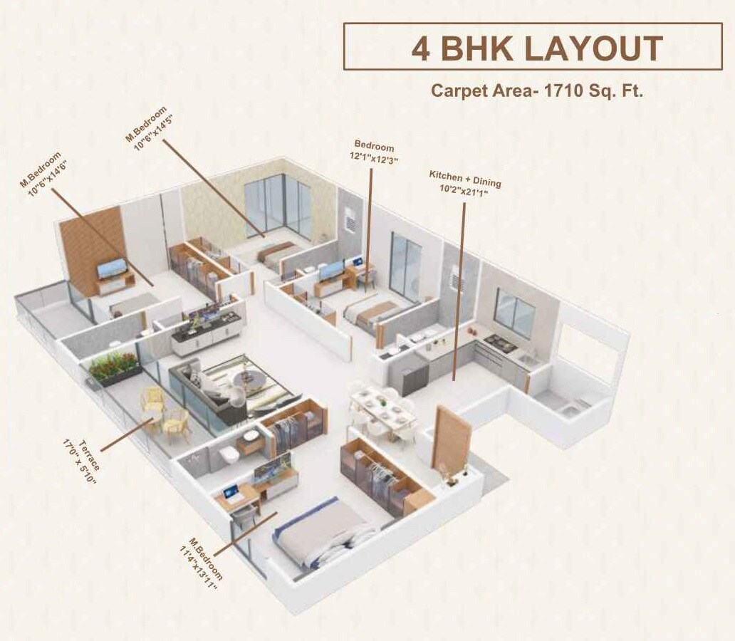 Floor plan of 4 BHK 1710 Sq. Ft. Apartment in Makwana Vrindanand Parshwa, Pune