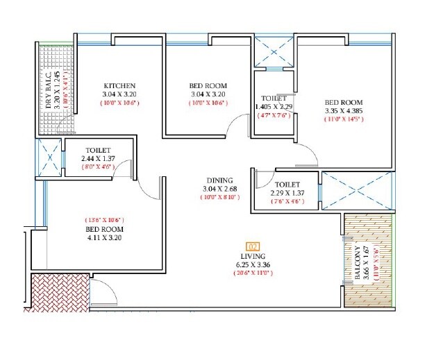 Floor plan of 3 BHK 1178 Sq. Ft. Apartment in Makwana Vrindanand Vastya, Pune
