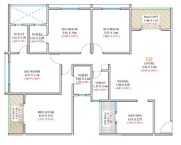 Floor plan of 4 BHK 1438 Sq. Ft. Apartment in Makwana Vrindanand Vastya, Pune
