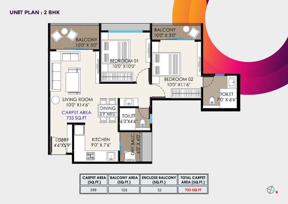 Floor plan of 2 BHK 733 Sq. Ft. Apartment in Malhar Magnus Evoq, Pune