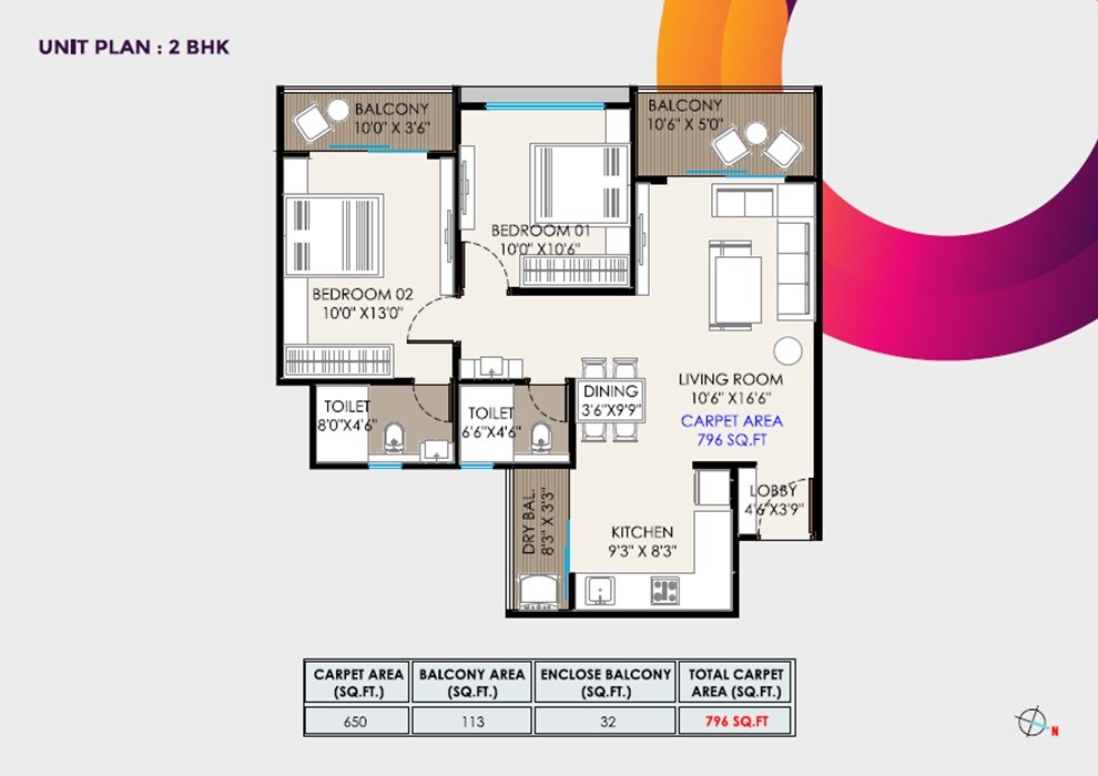 Floor plan of 2 BHK 796 Sq. Ft. Apartment in Malhar Magnus Evoq, Pune