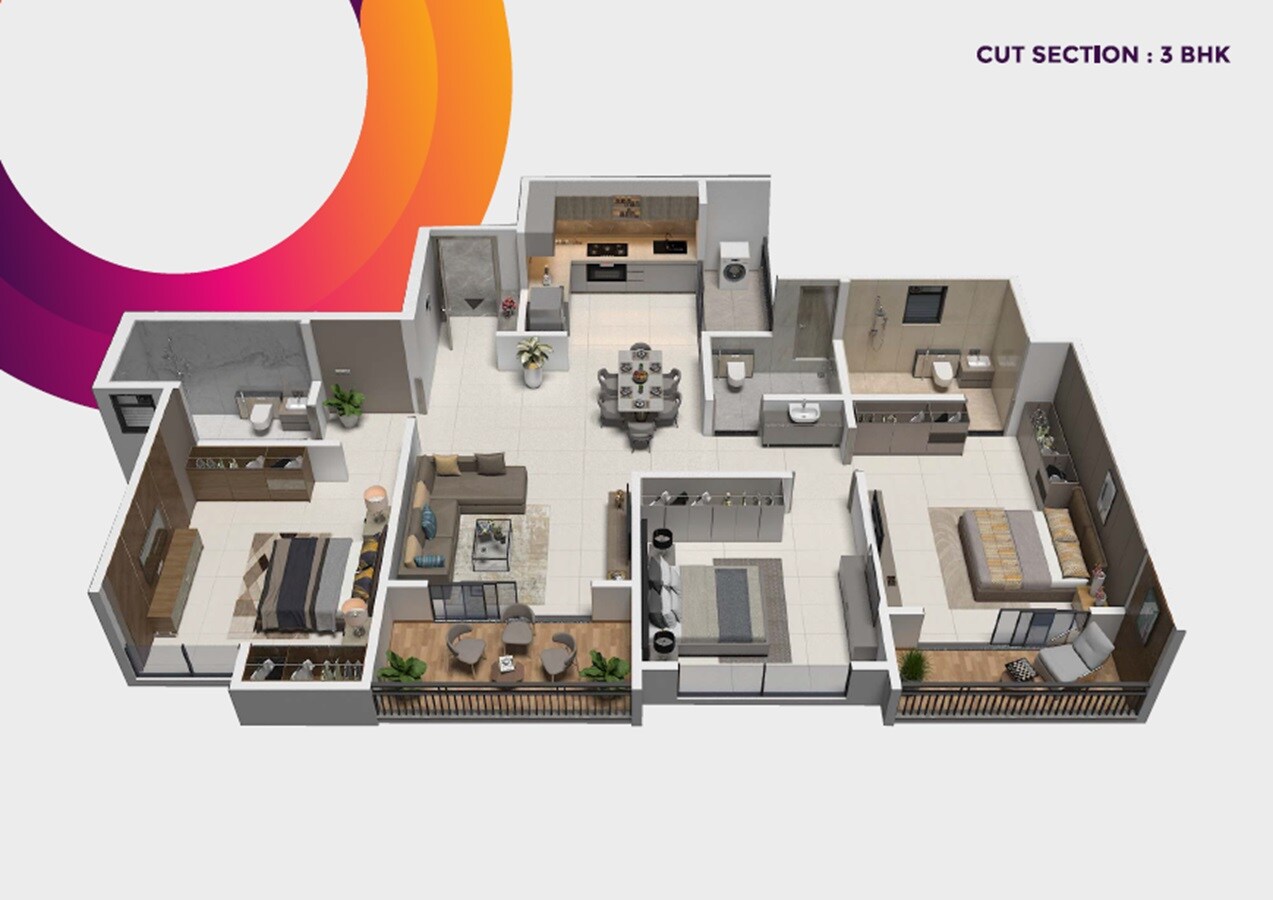 Floor plan of 3 BHK 1105 Sq. Ft. Apartment in Malhar Magnus Evoq, Pune