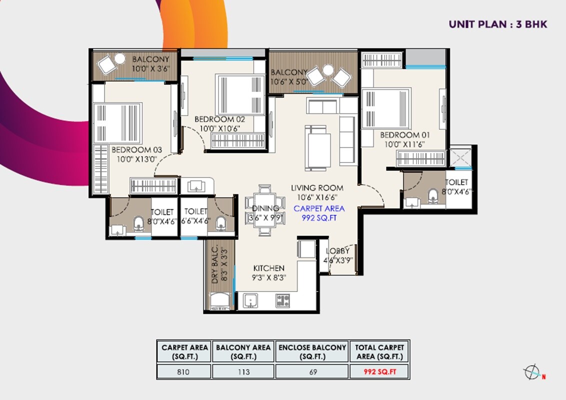 Floor plan of 3 BHK 992 Sq. Ft. Apartment in Malhar Magnus Evoq, Pune