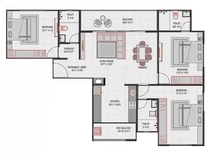 Floor plan of 3 BHK 1088 Sq. Ft. Apartment in Malhar Serenity, Pune