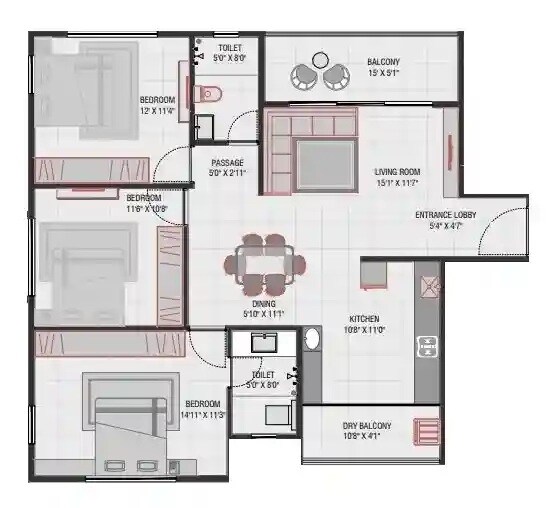 Floor plan of 3 BHK 1215 Sq. Ft. Apartment in Malhar Serenity, Pune