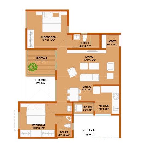 Floor plan of 2 BHK 710 Sq. Ft. Apartment in Malpani Cereza, Pune
