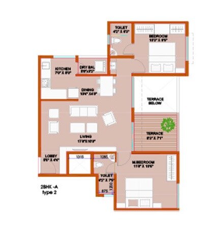 Floor plan of 2 BHK 716 Sq. Ft. Apartment in Malpani Cereza, Pune