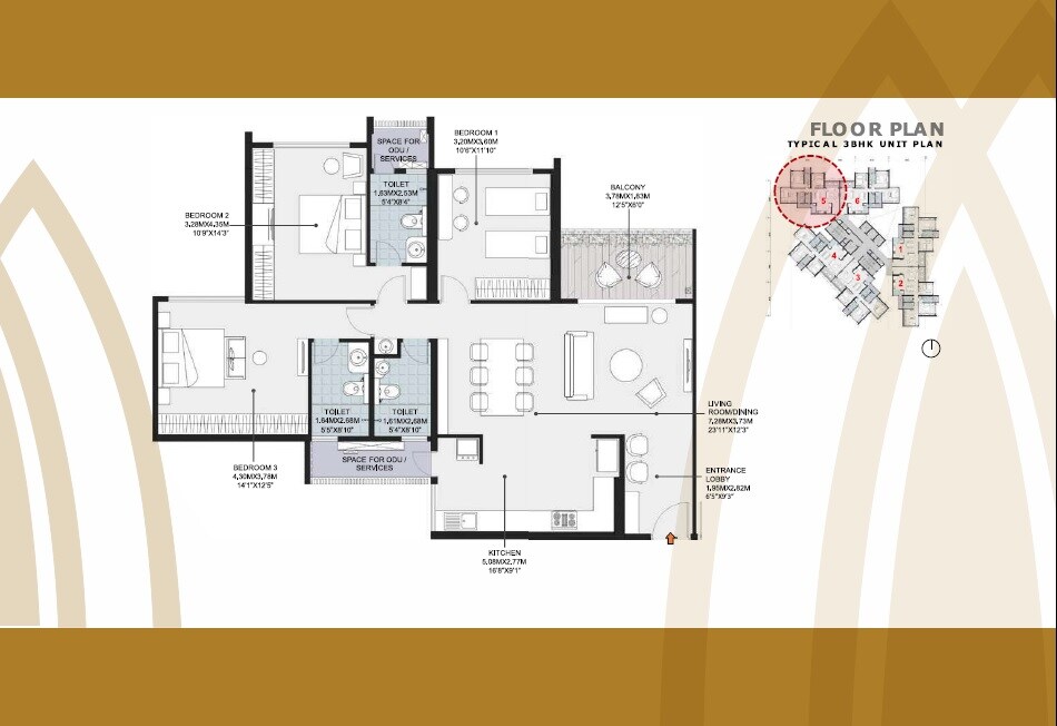 Floor plan of 3 BHK 1302 Sq. Ft. Apartment in Malpani M Soul Strings, Pune