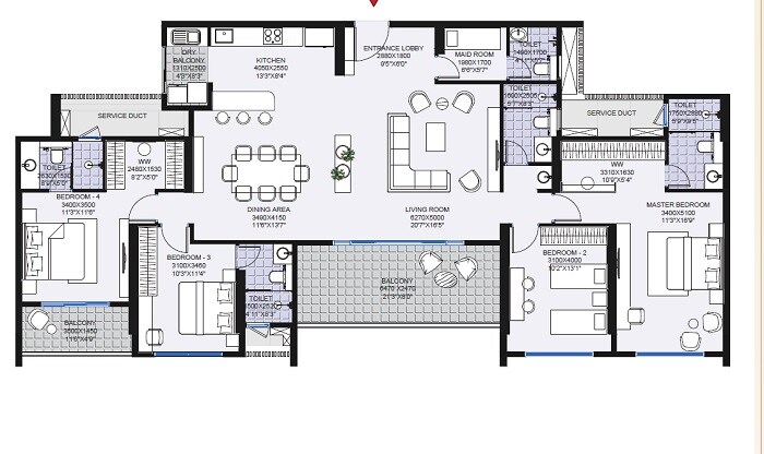 Floor plan of 4 BHK 2060 Sq. Ft. Apartment in Malpani M Soul Strings, Pune