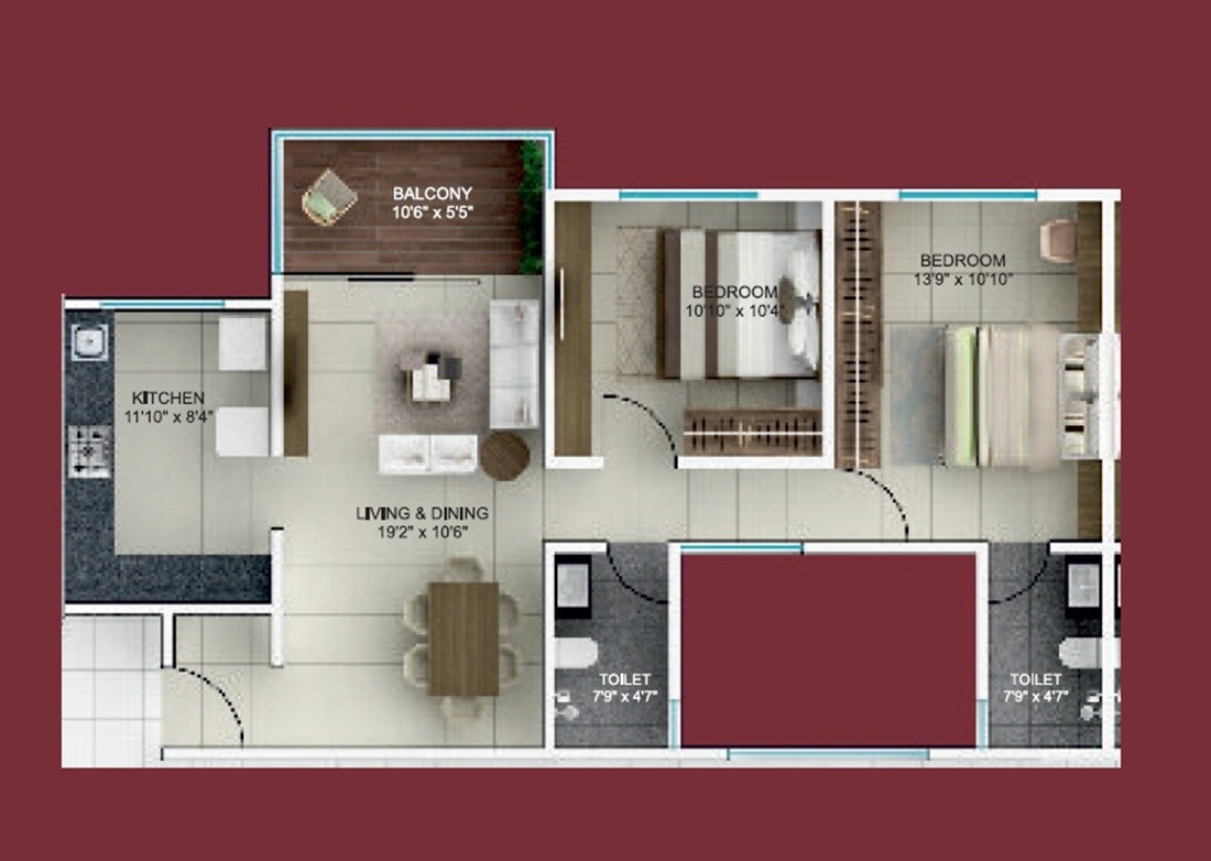 Floor plan of 2 BHK 744 Sq. Ft. Apartment in Malpani Unicus, Pune