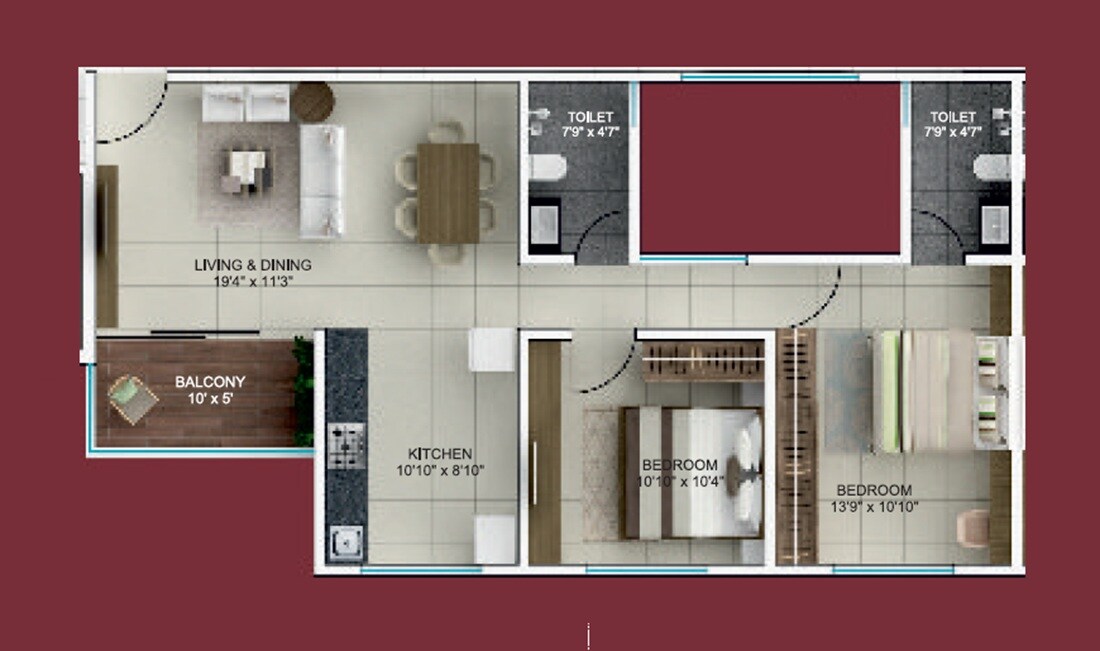 Floor plan of 2 BHK 776 Sq. Ft. Apartment in Malpani Unicus, Pune