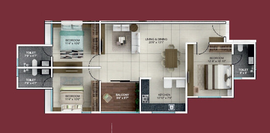 Floor plan of 3 BHK 1011 Sq. Ft. Apartment in Malpani Unicus, Pune