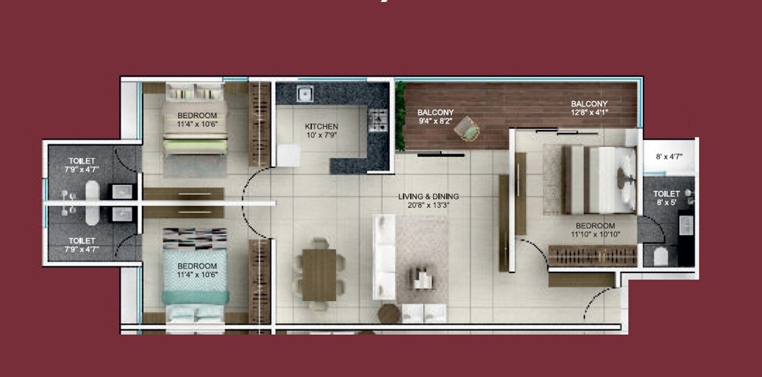 Floor plan of 3 BHK 1048 Sq. Ft. Apartment in Malpani Unicus, Pune