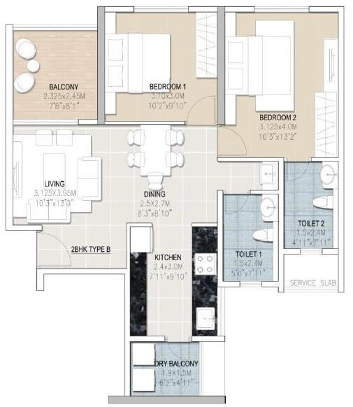 Floor plan of 2 BHK 638 Sq. Ft. Apartment in Malpani Vivanta, Pune
