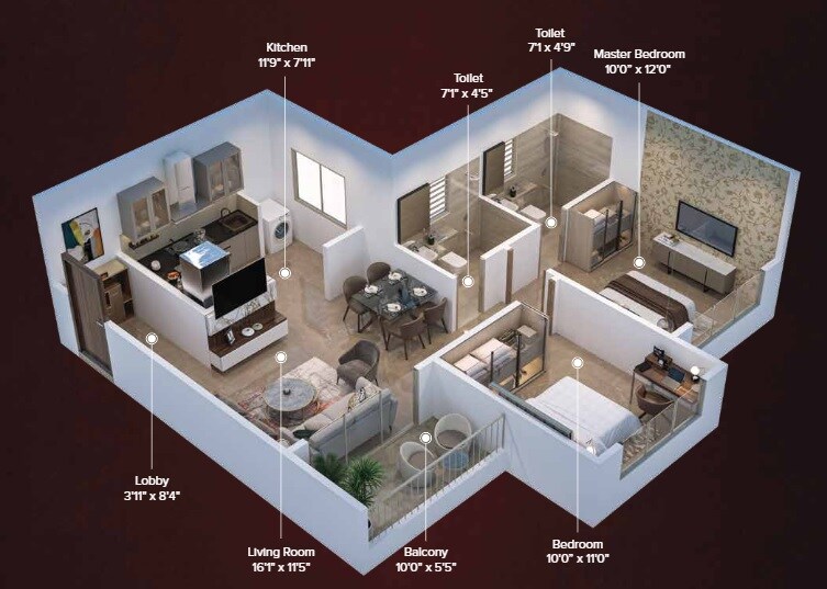 Floor plan of 2 BHK 709 Sq. Ft. Apartment in Manav La Centra, Pune