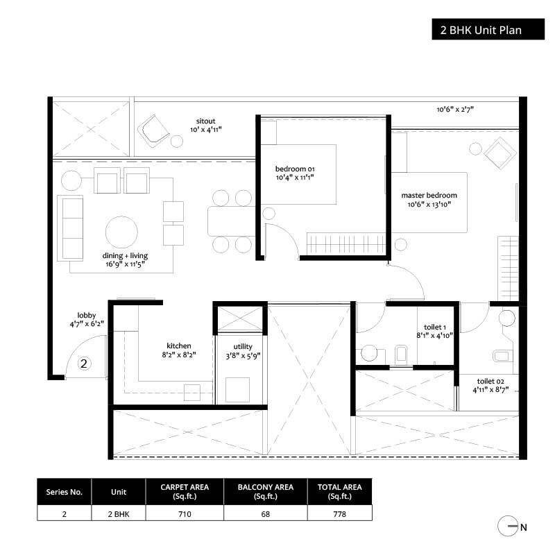 Floor plan of 2 BHK 767 Sq. Ft. Apartment in Manav La Moda, Pune