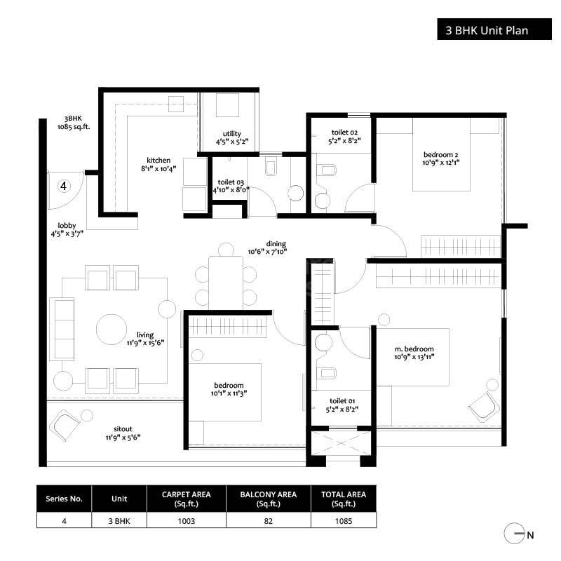 Floor plan of 3 BHK 1072 Sq. Ft. Apartment in Manav La Moda, Pune