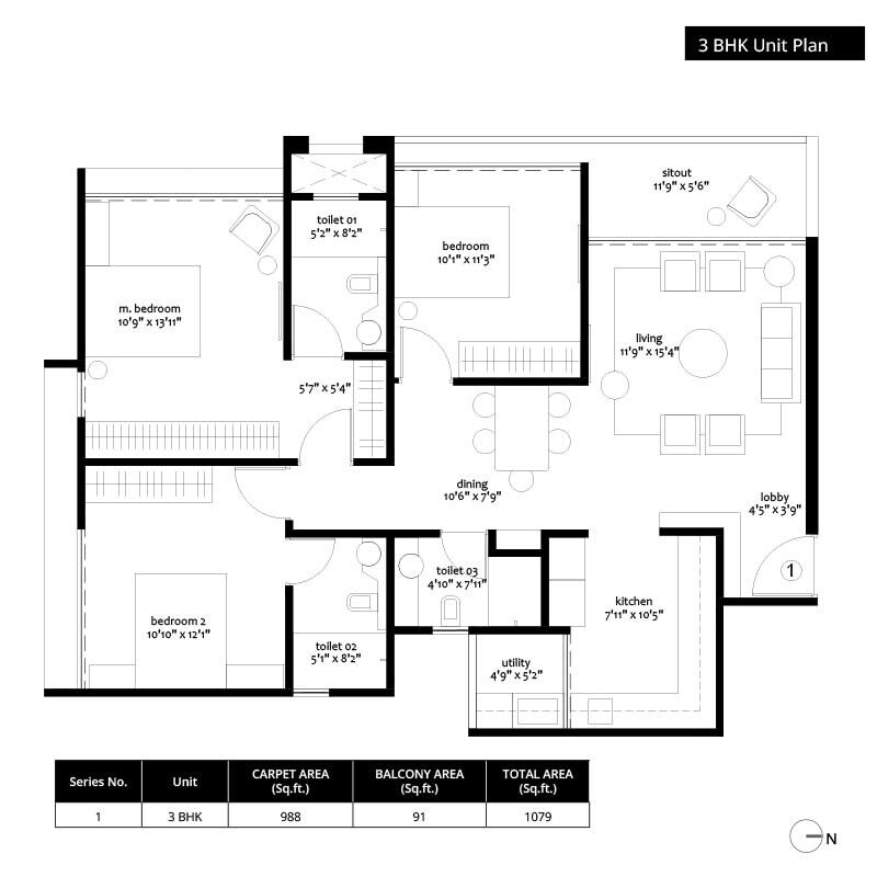 3 BHK 1003 Sq. Ft. Apartment