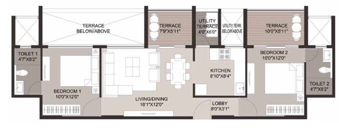 Floor plan of 2 BHK 643 Sq. Ft. Apartment in Mandarin 33 West Avenue, Pune