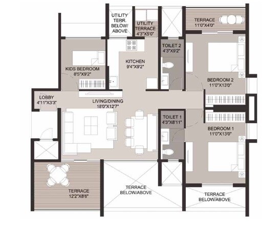 Floor plan of 3 BHK 1430 Sq. Ft. Apartment in Mandarin 33 West Avenue, Pune