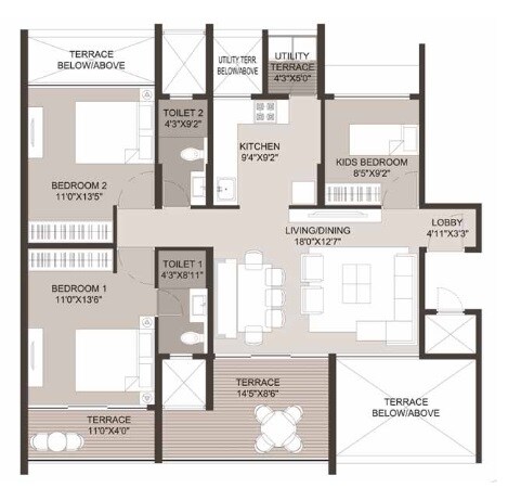 Floor plan of 3 BHK 1730 Sq. Ft. Apartment in Mandarin 33 West Avenue, Pune