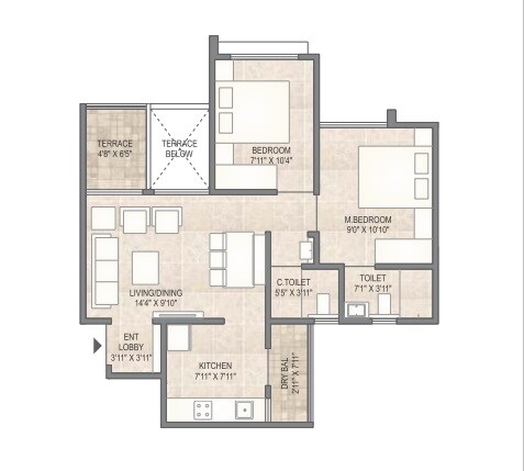 Floor plan of 2 BHK 495 Sq. Ft. Apartment in Mangalam Breeze, Pune