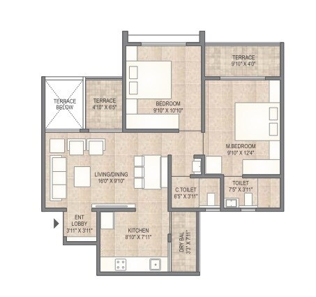 Floor plan of 2 BHK 580 Sq. Ft. Apartment in Mangalam Breeze, Pune