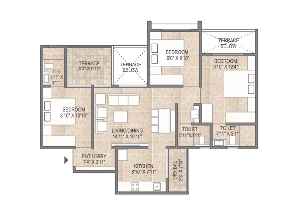 Floor plan of 3 BHK 714 Sq. Ft. Apartment in Mangalam Breeze, Pune