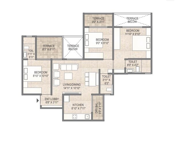 Floor plan of 3 BHK 717 Sq. Ft. Apartment in Mangalam Breeze, Pune