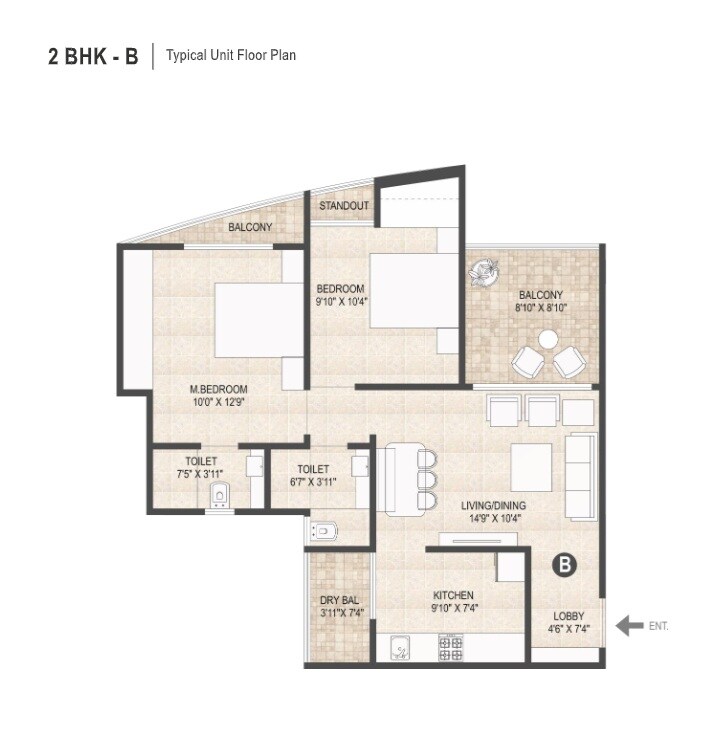 Floor plan of 2 BHK 784 Sq. Ft. Apartment in Mangalam Icon, Pune