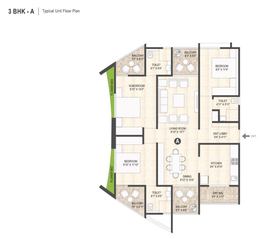Floor plan of 3 BHK 1152 Sq. Ft. Apartment in Mangalam Icon, Pune