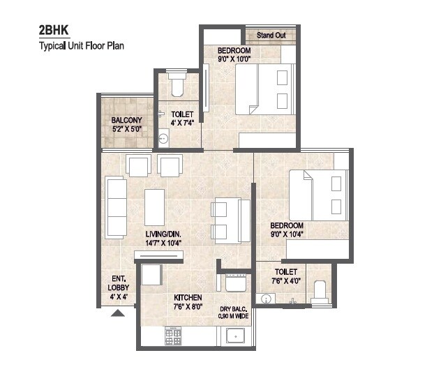 Floor plan of 2 BHK 653 Sq. Ft. Apartment in Mangalam Life Park, Pune