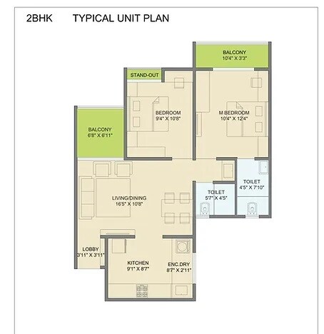 Floor plan of 2 BHK 733 Sq. Ft. Apartment in Mangalam Miraya, Pune