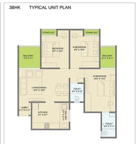 Floor plan of 3 BHK 871 Sq. Ft. Apartment in Mangalam Miraya, Pune